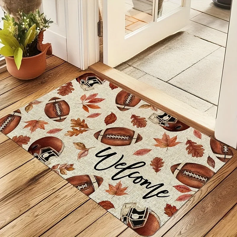 1PC Autumn Brown Rugby Welcome Door Mat Anti Slip Striped Thanksgiving Home Decor Porch Entrance RV Front Door Durable Floor Mat