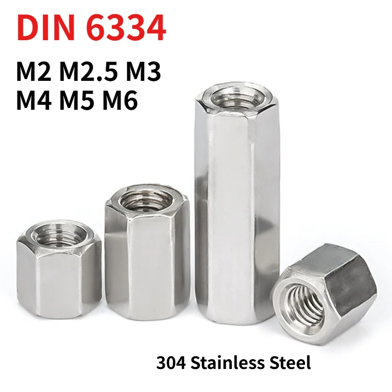 304 Stainless Steel Hex Long Coupling Nut DIN6334, Metric Hex Connecting Extension Nut, Joint Sleeve Nut M2 M2.5 M3 M4 M5 M6