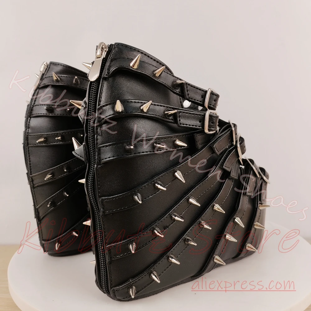 Wedge Platform Ankle Boots Women Multi Buckle Strap Spike Rivet Goth Punk Streetwear Leather Footwear Solid Color Elegant Luxury