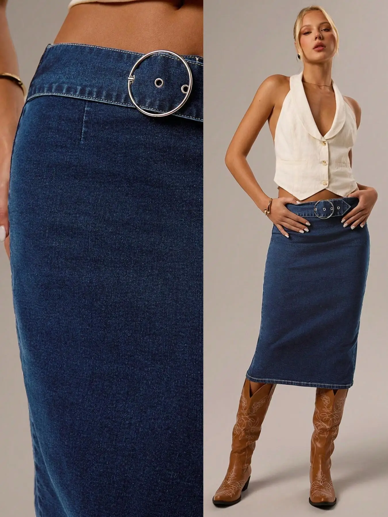 

Vintage High Waist Denim Skirt with Metal Ring Belt, Bodycon Mid-Length Dress, Retro Style, Perfect for Casual and Stylish
