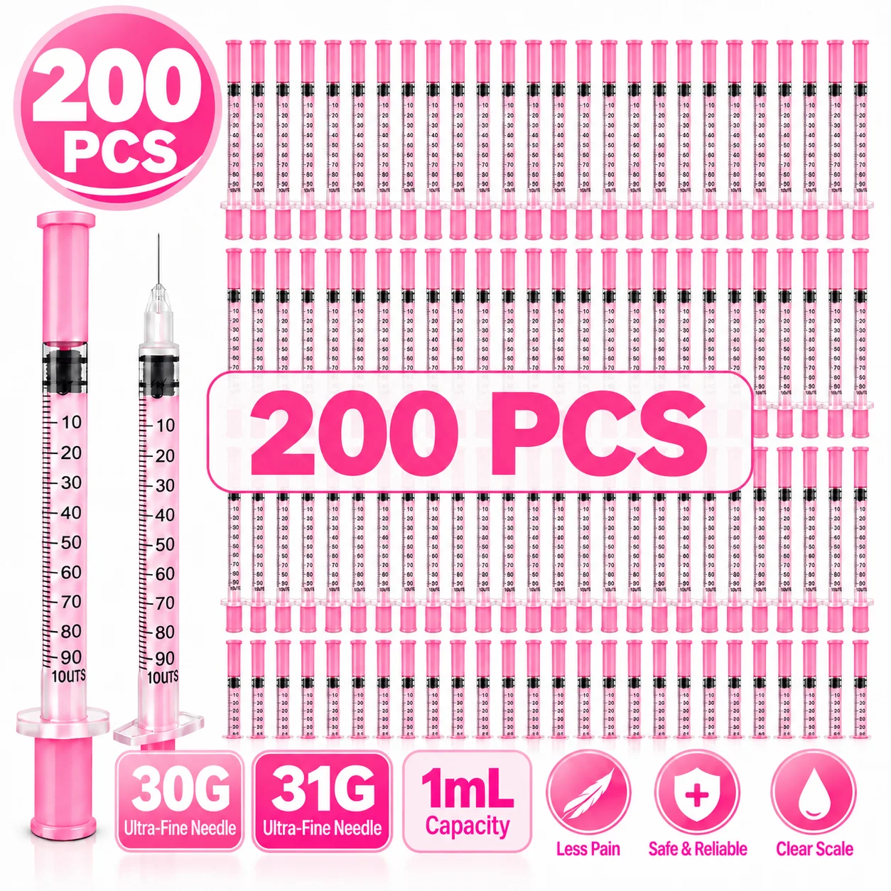 100PCS/200PCS 1ml/cc 31G 8mm Disposable Sterile Insulin Syringe, Individually Wrapped, Ultra-Fine Needle for Cats & Dogs