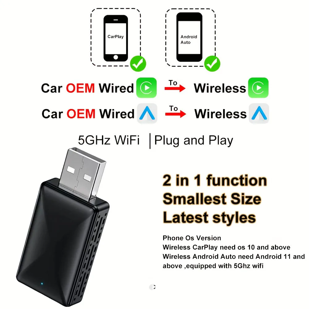 

2in1 Wired to Wireless CarPlay Android Auto Adapter for OEM Car Stereo With USB Plug and Play