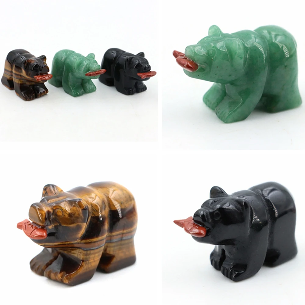 

Natural Crystal Rose Quartz Bear Eat Fish Statue Healing Gemstone Carving Animal Figurines Reiki Small Home Decoration Wholesale