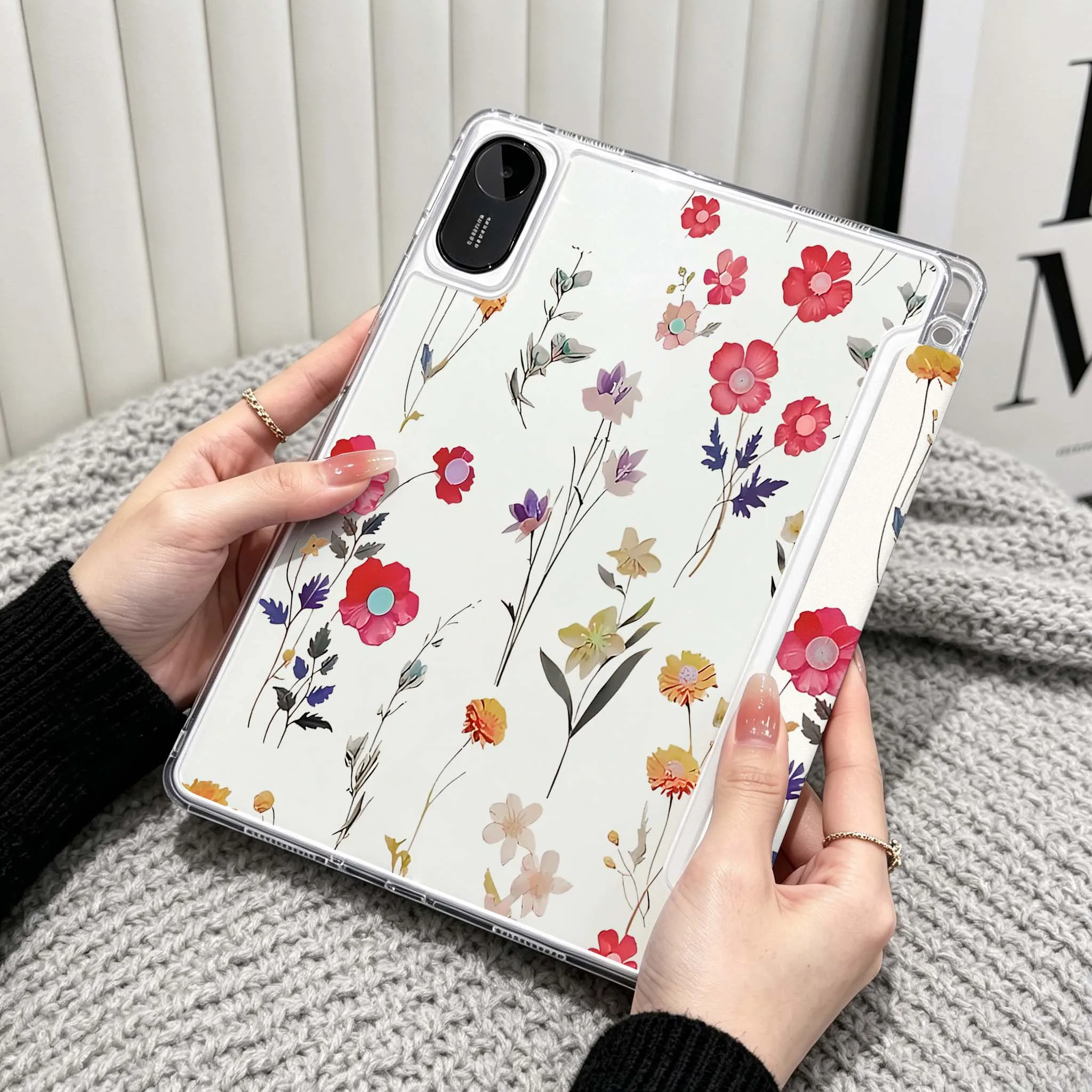 Watercolor Flower Art Case For Xiaomi Redmi Poco Pad 5 6 7 8 Pro SE 11 11.2 12.1 Inch Transparent Y-Shaped Folding Tablet