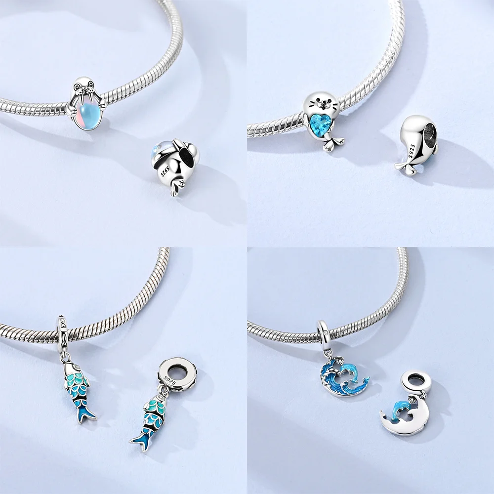Charm 925 Sterling Silver Jellyfish Starfish Seahorse Walrus Shell Conch Fit Original Chain Bracelet DIY Jewelry Gift for Women
