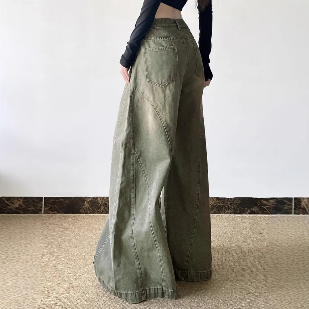American Women's Clothing High Waist Flared Denim Trousers Retro Solid Color Loose Simple Street Style All-match Casual Trendy
