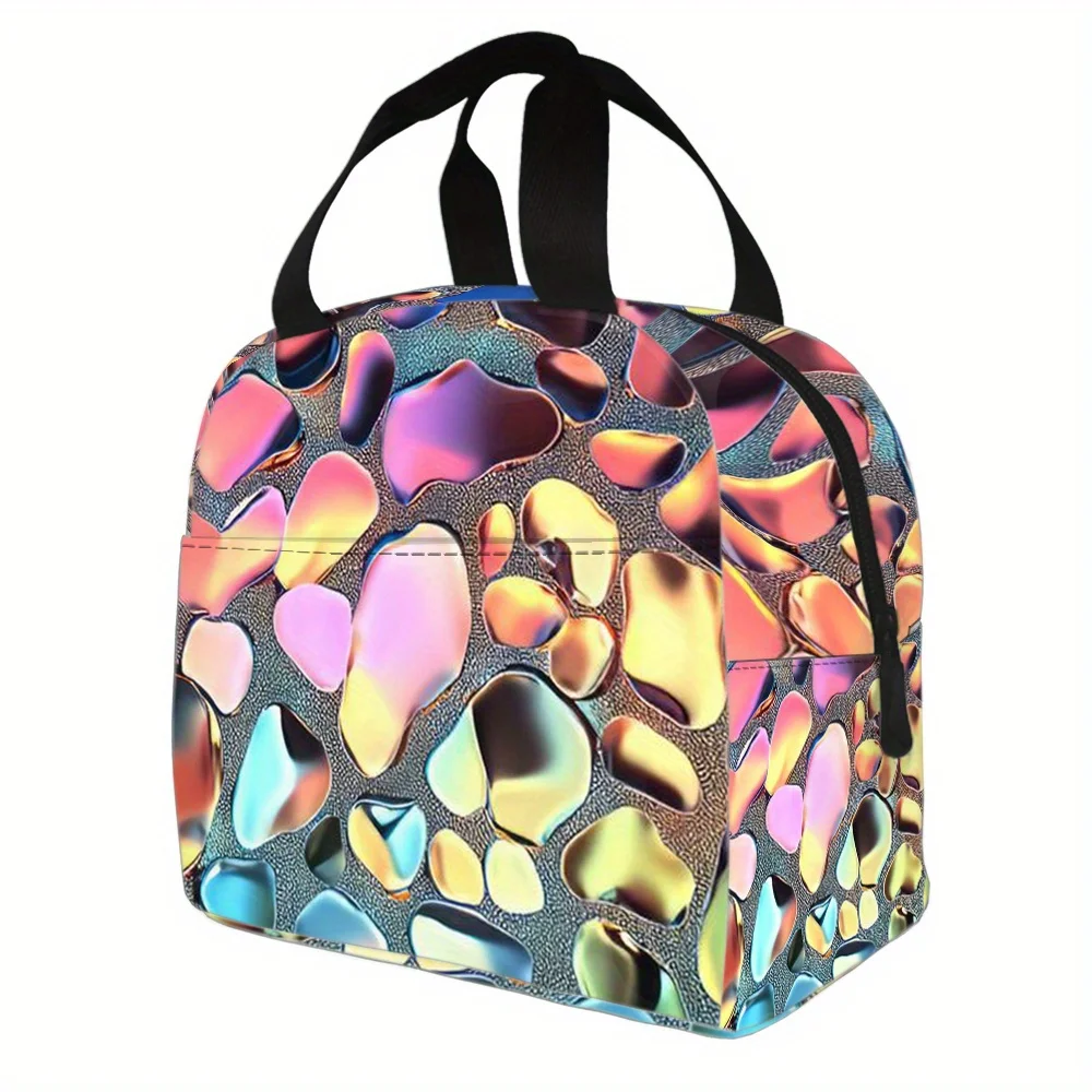 

Reusable Large Capacity Lunch Bag Handbag - Holographic Heart Pattern Oxford Cloth, Vibrant Multicolor Insulated Tote