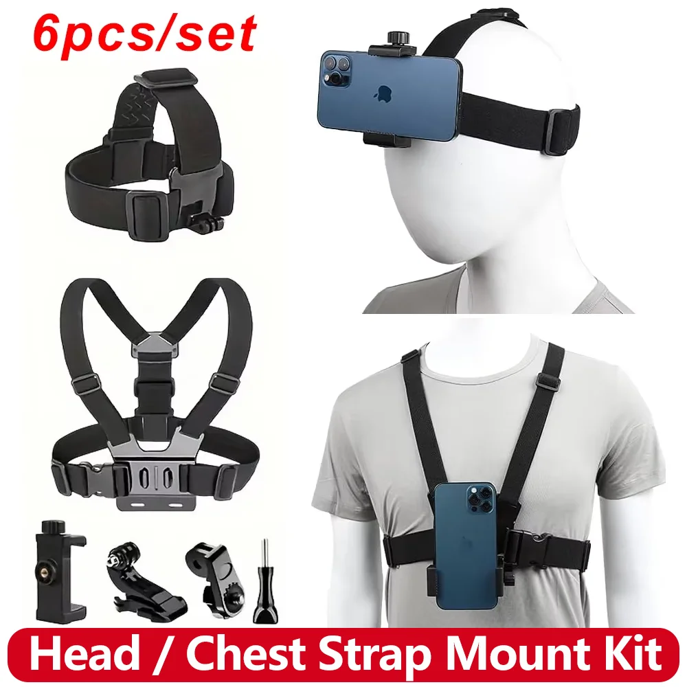Kit de caméra d'action 6 en 1, sangle de tête de téléphone portable, support de sangle de poitrine réglable pour GoPro Hero 13 12 11 10 9 DJI OSMO SJCAM Kit de caméra d'action 6 en 1, sangle de tête de téléphone portable, support de sangle de poitrine réglable pour GoPro Hero 13 12 11 10 9 DJI OSMO SJCAM