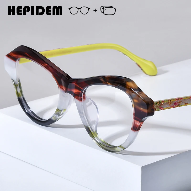 HEPIDEM Progressive Prescription Eyeglasses Anti Blue Myopia Optical Lens Eyewear Women Acetate Cat Eye Glasses 9380