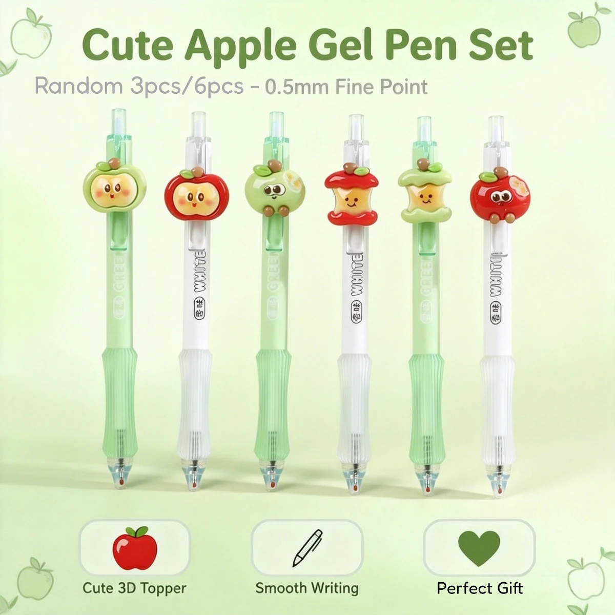 

Cute Apple Gel Pens Set 3/6pcs Soft Grip Anti-Slip 0.5mm St Tip Quick-Dry Smudge-Proof Ink for Students Exams Office Use