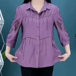 Commute Embroidery Hollow Out Shirt Spring Autumn Casual 3/4 Sleeve Female Clothing Single-breasted Fashion Spliced Loose Blouse