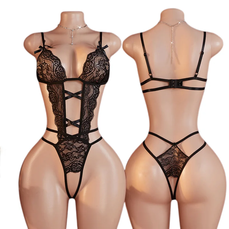 

Черное кружевное боди One Piece: Сексуальное женское белье с вырезами, открытым пупком и открытой промежностью, эротический костюм-бебидолл