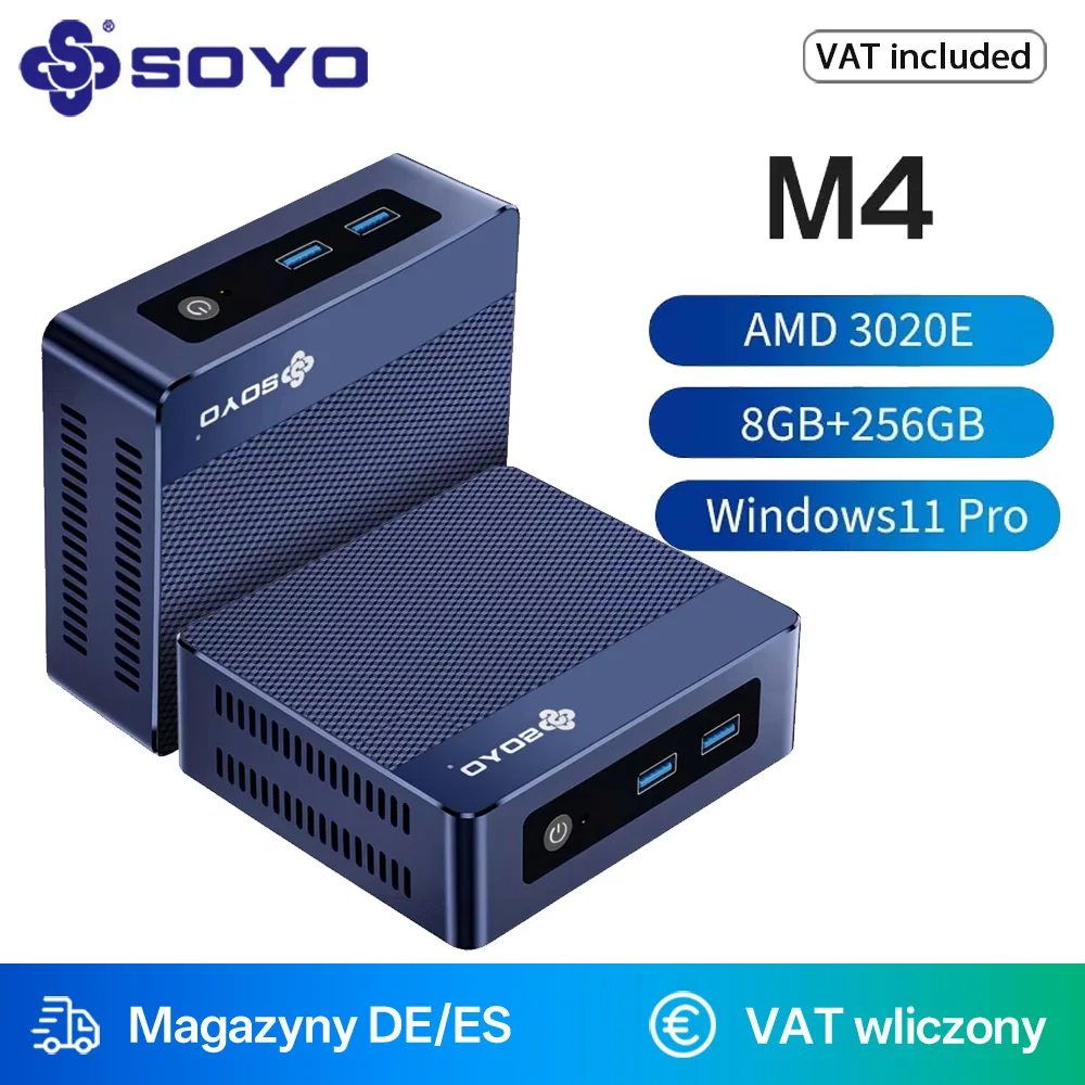 كمبيوتر صغير SOYO M4 مع وحدة المعالجة المركزية AMD 3020E 8GB DDR4 RAM 256GB M.2 SSD، كمبيوتر مكتبي صغير يدعم Dual 4K USB3.2 Win11 Pro للمكتب