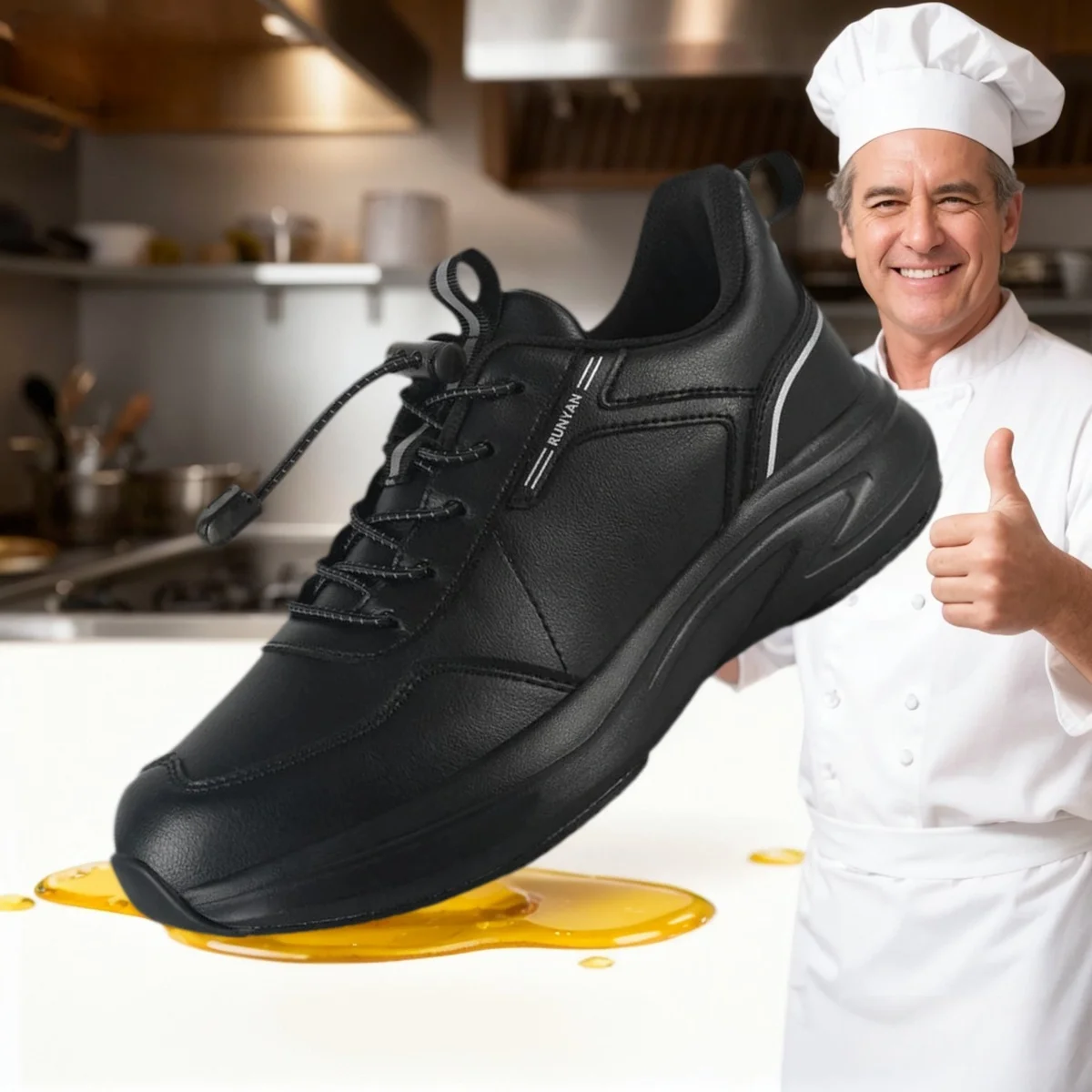 

Men's Nampa Food Service Shoes - Shock Absorbing, Slip & Oil Resistant Leather Chef Shoes for Long Shifts