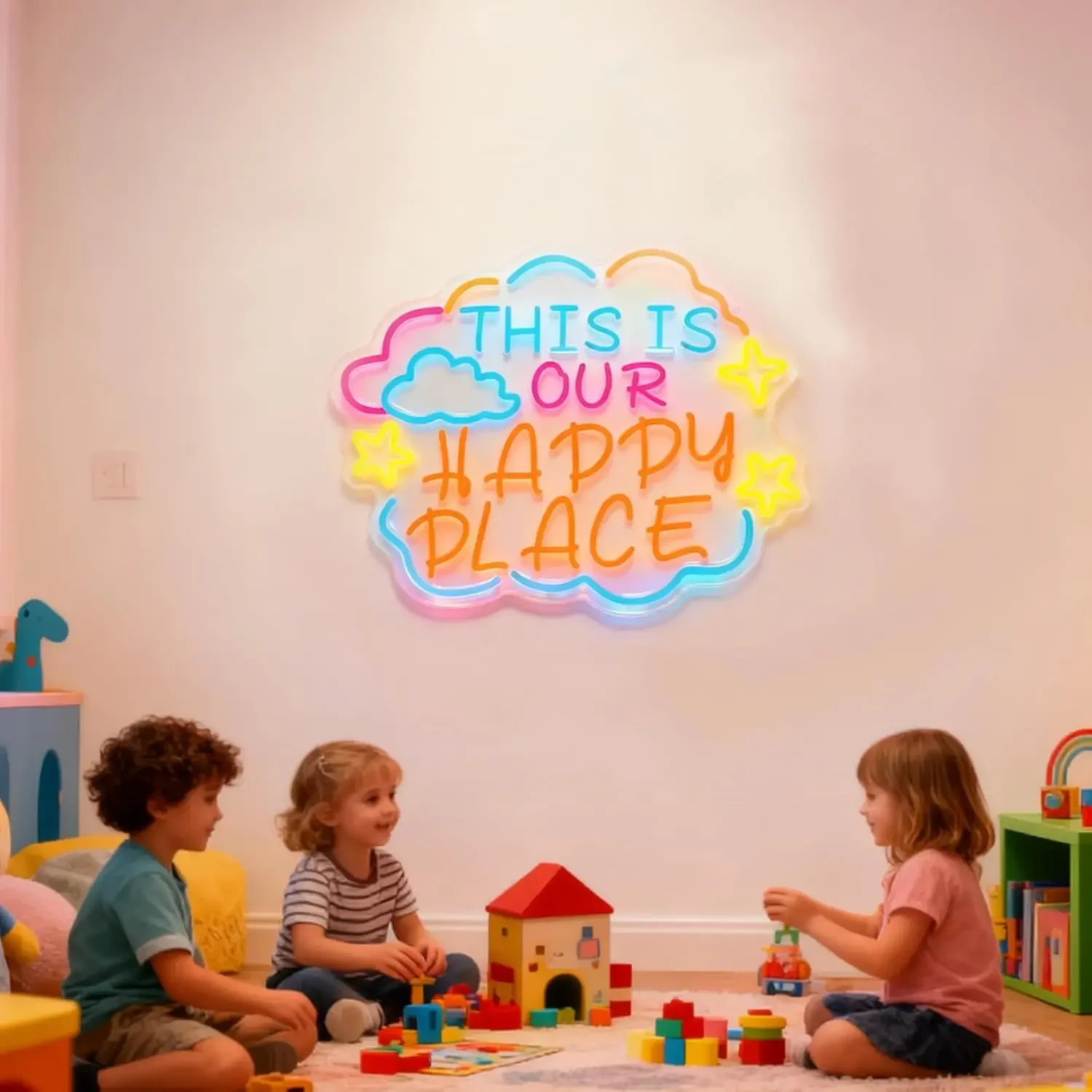This Is Our Happy Place Cloud Neon Sign Multicolor LED Wall Art Acrylic USB Powered Dimmable Light For Bedroom Living Room Decor
