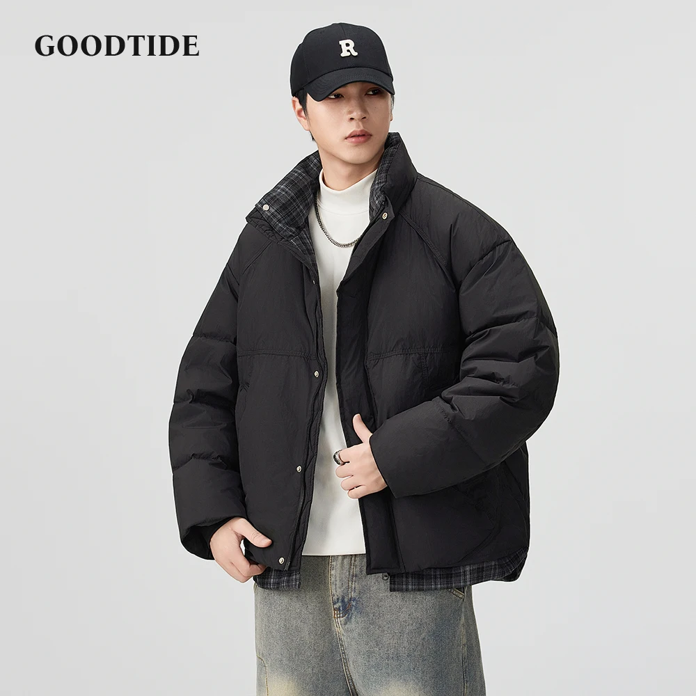 

2025 Winter Ne Men's Casual Puffer Jacket Plaid Lining Layered Design Loose Fit Fashion Men Down Jacket Warm Daily Wear Top