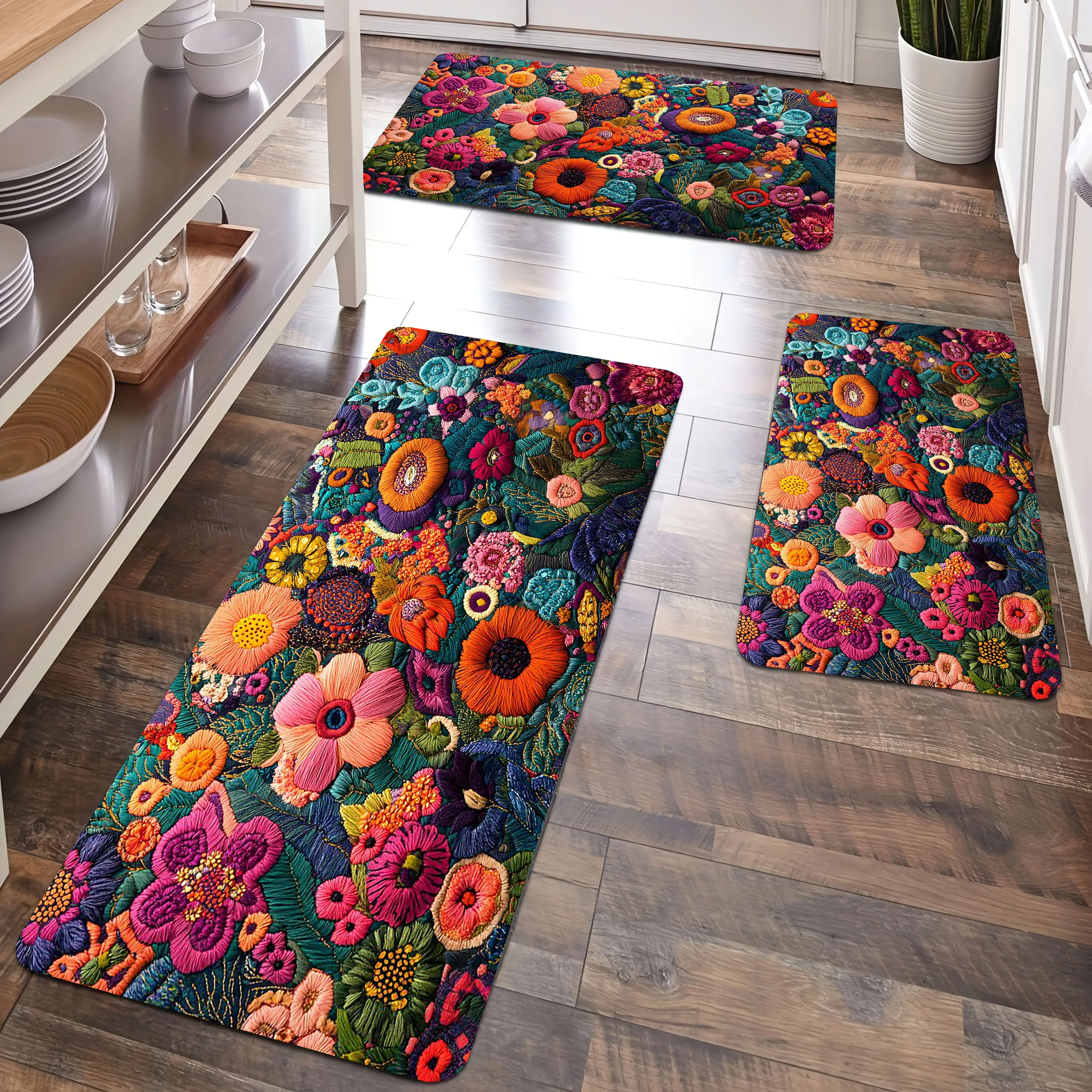 

Colorful Flowers Pattern Design Kitchen Carpet Bathroom Mat Non-silp Flannel Doormats for Home Decorative Accessories Floor Pads