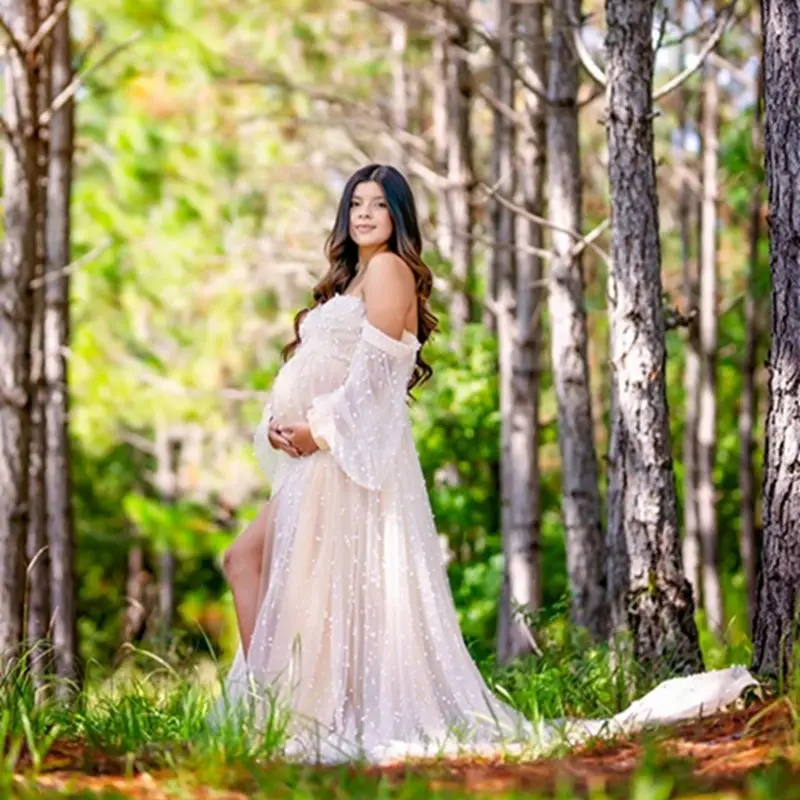 Designer Maternity Gown for Photoshooting Pearls Off Shoulder Long Sleeve Pregnant Women Dresses for Babyshower Party