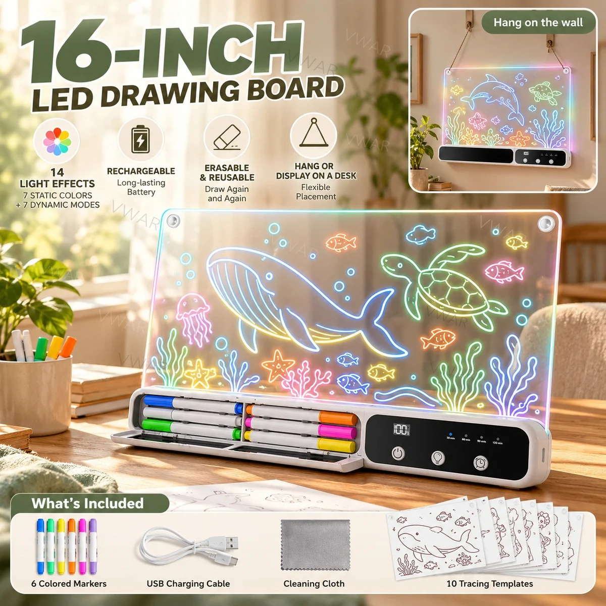 16 Inch LED Drawing Board with 14 Light Modes, Erase Note Board Includes Stand Color drawing tablet for Holidays and Birthday