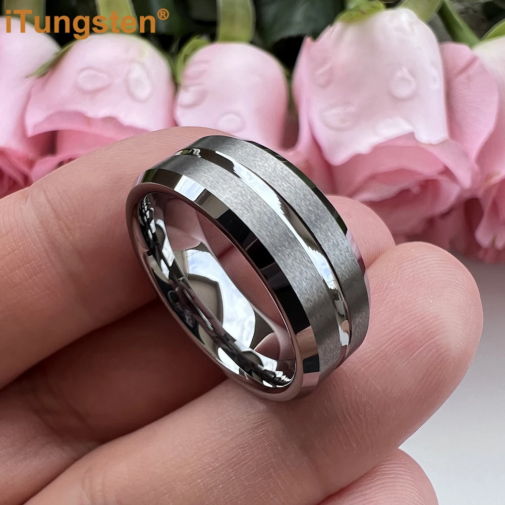 iTungsten 8mm Tungsten Carbide Wedding Band Finger Ring for Men Women Fashion Jewelry Center Grooved Beveled Edges Comfort Fit