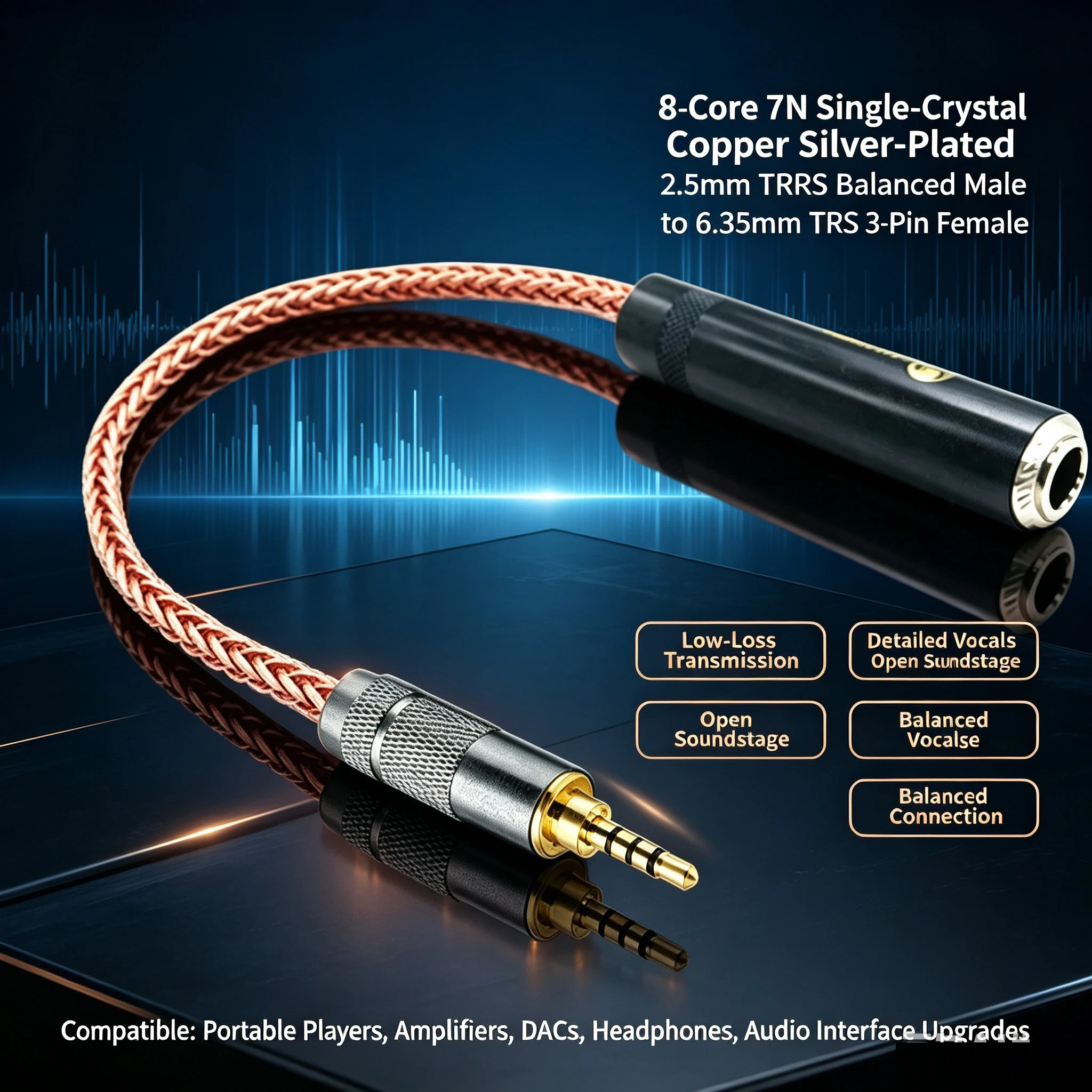 HiFi Single Crystal Copper 2.5mm TRRS Balanced Male to 6.35mm TRS 3pin Female Audio Adapter Cable 2.5mm to 1/4 6.35mm