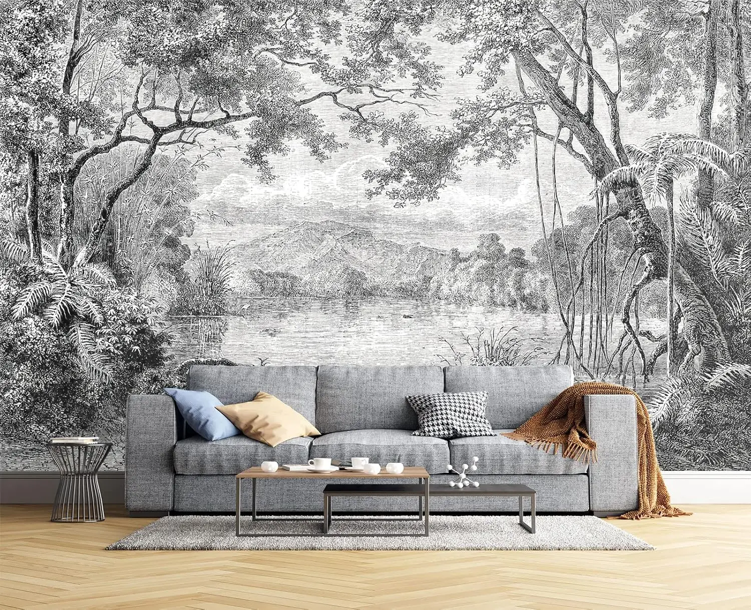 Vintage Nature Tapestry Wall Hanging Polyester Tropical Jungle Engraving Art Black White Monochrome Forest Mural Home Decor Acce