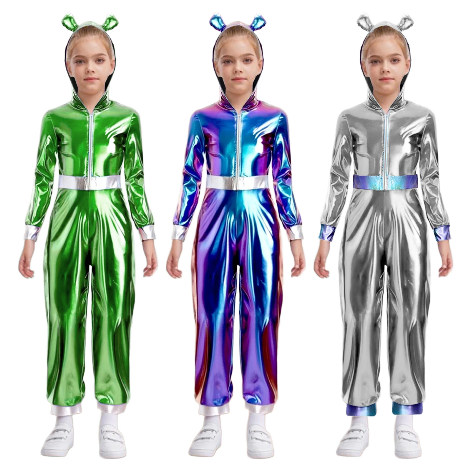 Kids Long Sleeve Metallic Shiny Space Alien Hooded Jumpsuit Robot Astronaut Cosplay Costume for Halloween Theme Party Carnival