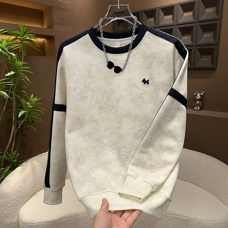 Men's Casual Tie-Dye Embroidered Slim Fit Hoodie Long Sleeve round Neck Base Shirt Fashionable All-Match Polyester Fabric