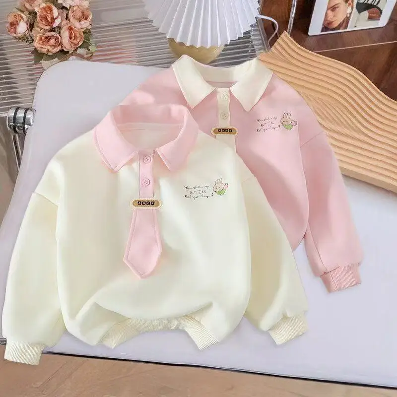 الربيع والخريف فتاة طفل المألوف الكرتون أعلى جديد لطيف الأطفال طوق كلية نمط قميص أطفال أعلى 80-130 سنتيمتر