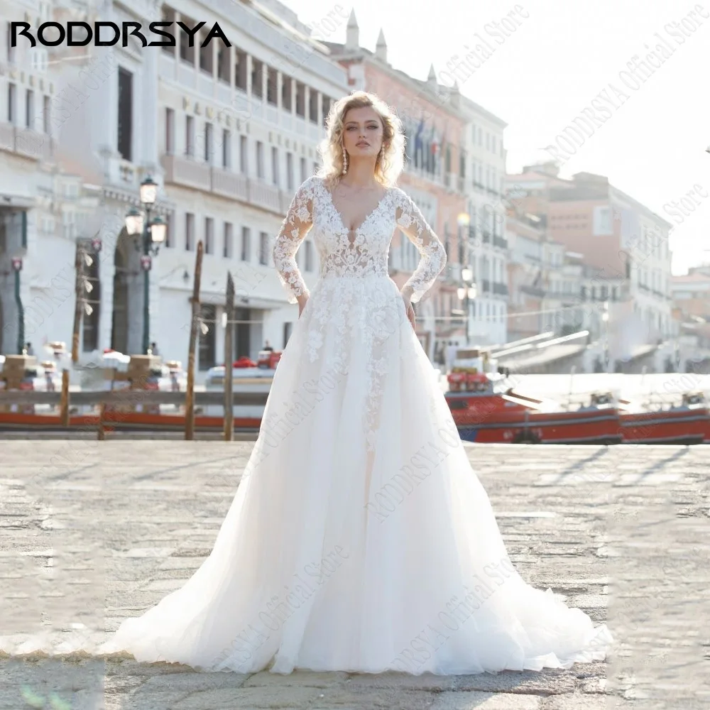 RODDRSY Romatic Wedding Dresses For Woman Long Sleevess Illusion Back Bride Gowns Lace Applique A-Line vestido de noiva 2024