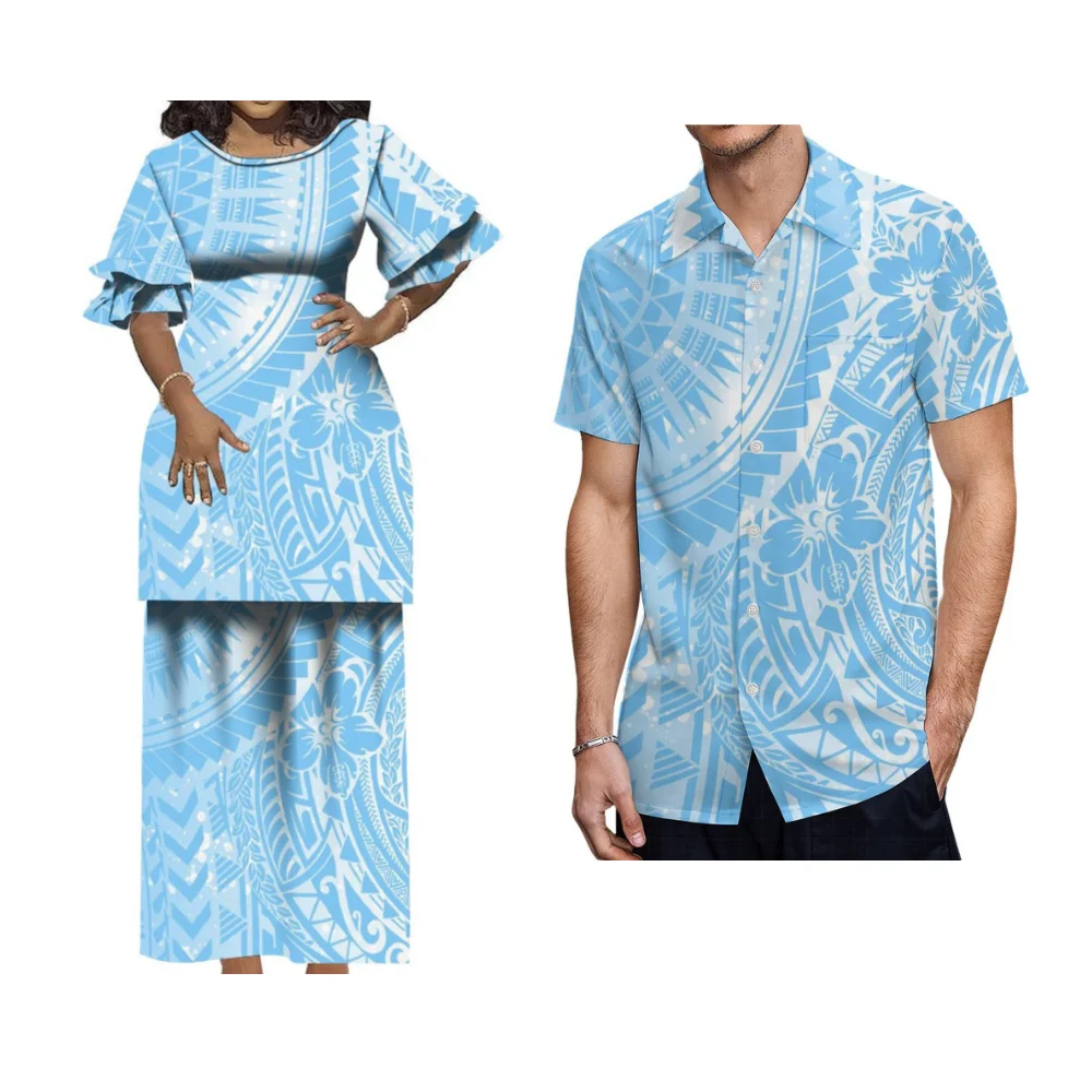 Hawaiian Tribe Flower Turtle Print Polynesian Loose Suit Skirt Women Puletasi Men'S Pocket Shirt Custom Couple Matching Outfit