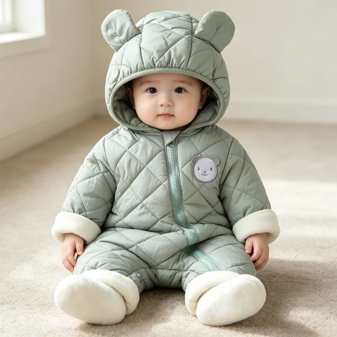 Winter Fleece Baby Bear Ear Hooded Romper Solid Thickened Warm Jumpsuit for Boys Girls 3M-3Y Cute Style Soft Toddler Bodysuit