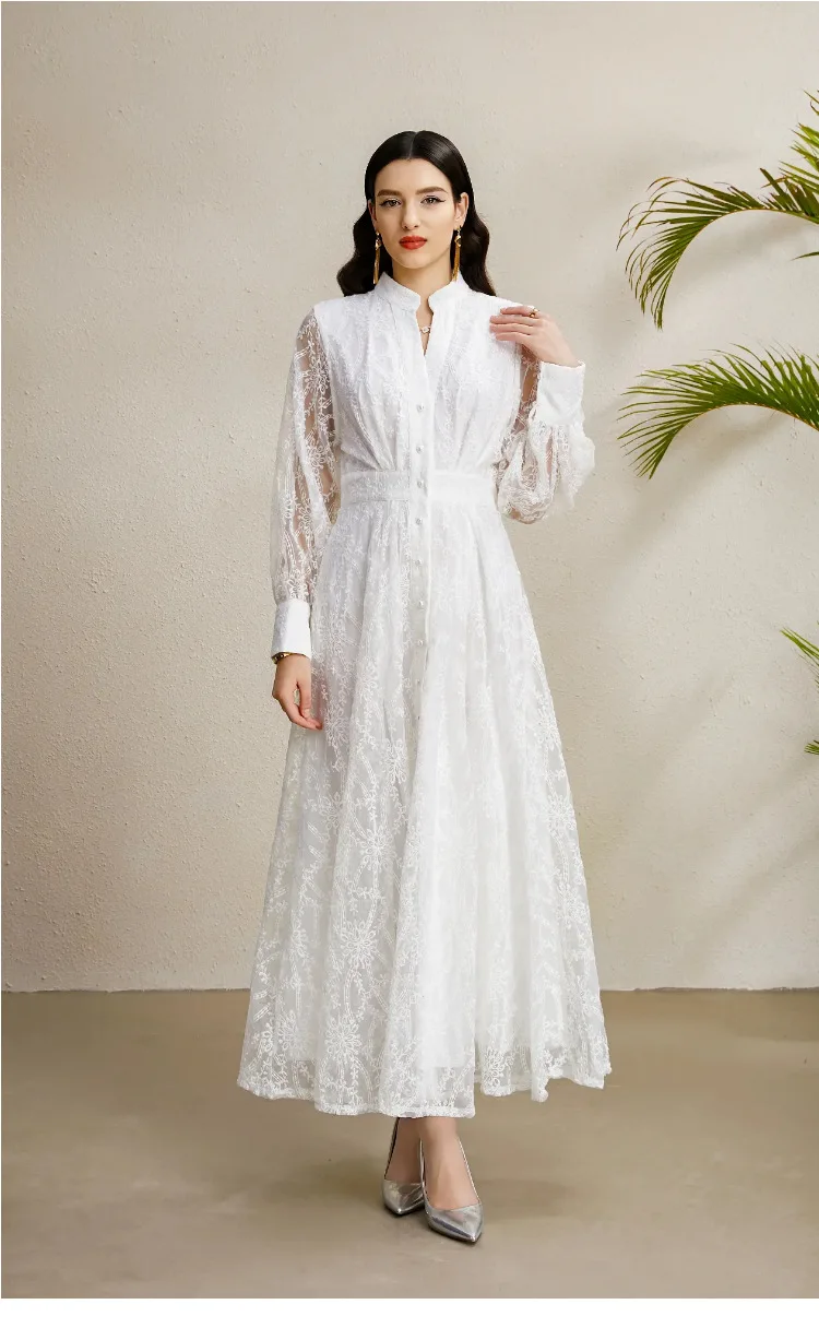 

High Street Summer Women's Dress Early Autumn Court-Style V-Neck Lantern Sleeve Pleated Flared Embroidered Dress