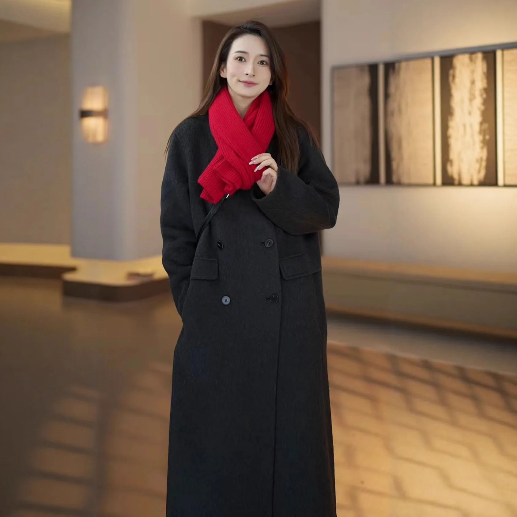 

Women's Long Wool Coat, 2025 Autumn/Winter New Korean Style, Elegant and Loose Fit Coat