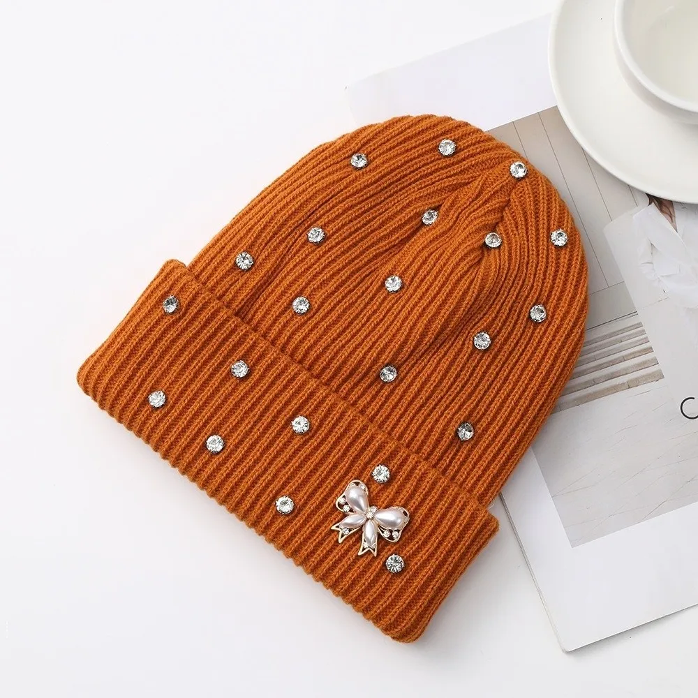 Sweet Elastic Crystal Pearl Bow Beanie Warm Thick Knit Hat Thermal Fold Cuff Pullover Hat Travel
