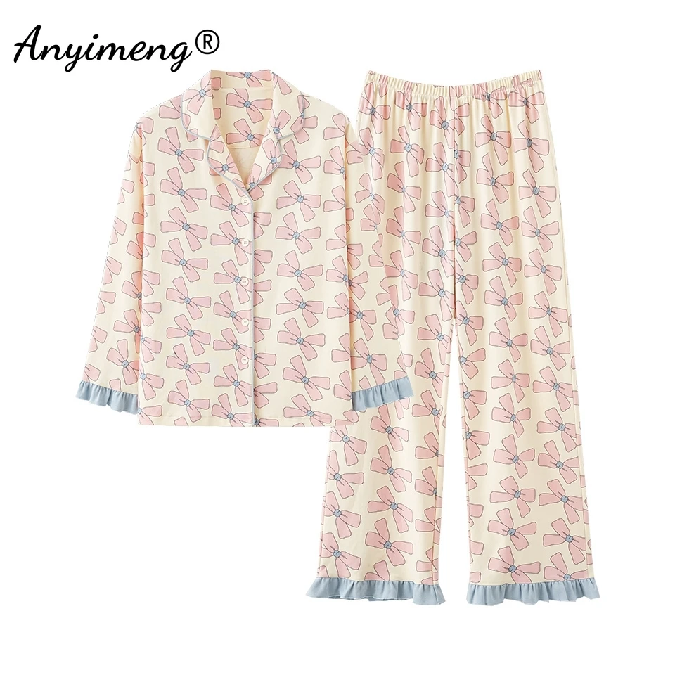 Turn-down Collor Faux Cotton Autumn Spring New Women Pajamas Set Long Sleeves Sleepwear Leisure Pijama Lady Casual Homesuits