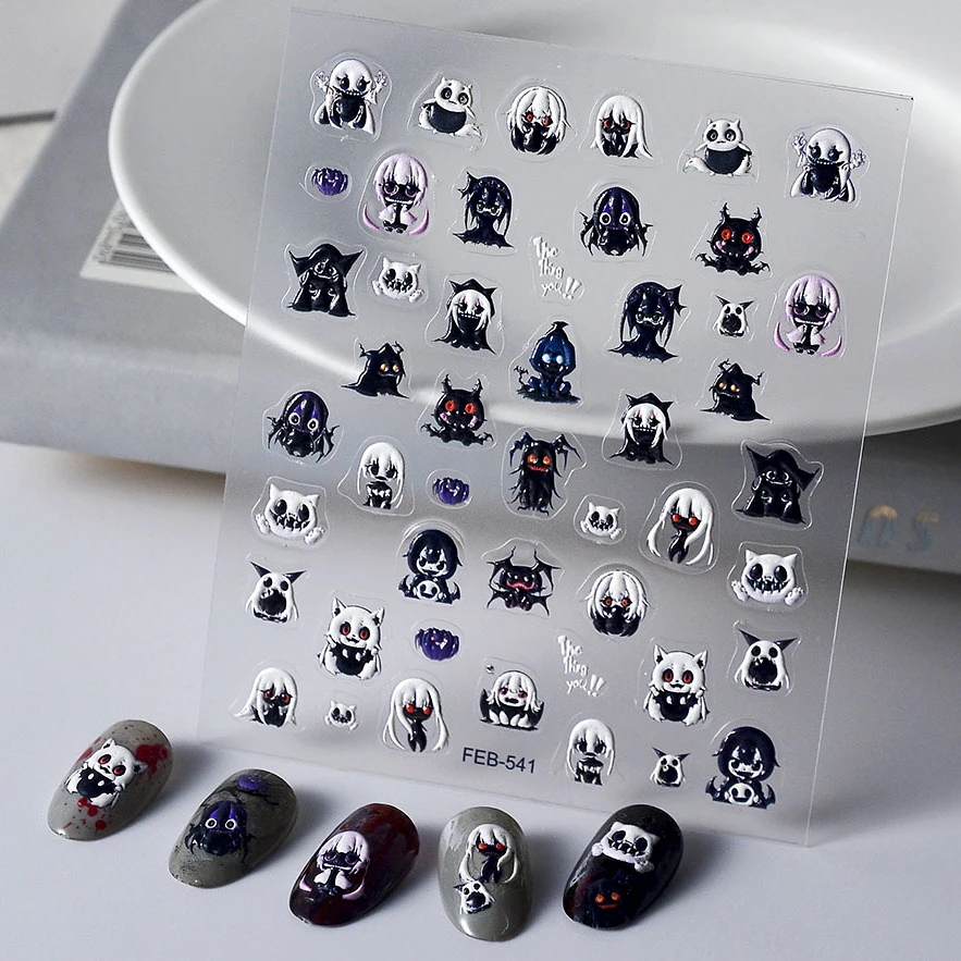

Terror Darkness Girl Cat Monster Halloween Ghost Black Cat 5D Embossed Relief Self Adhesive Nail Sticker 3D Phone Manicure Decal