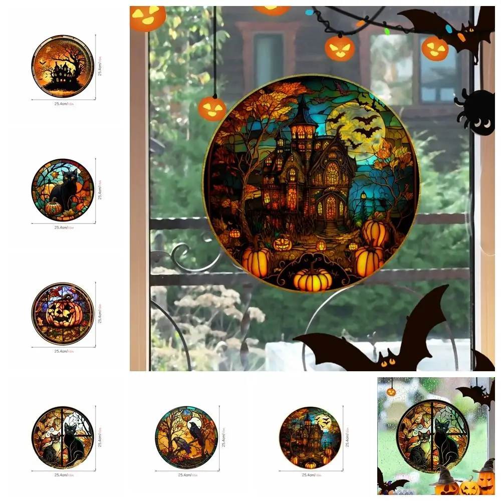Glue Free PVC Halloween Glass Stickers Horror Cat Castle Cat Static Film Castle Reusable Halloween Party