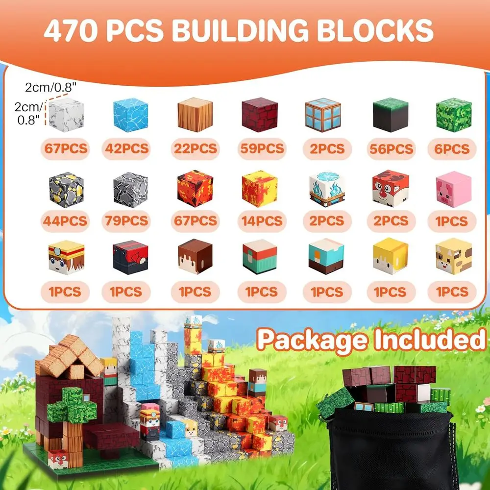 مجموعة مكعبات بناء مغناطيسية، لعبة جذعية مكونة من 470 قطعة للأطفال من سن 3 إلى 10 سنوات، بلاط مغناطيسي مستوحى من مونتيسوري للأطفال الصغار الحسي Pl