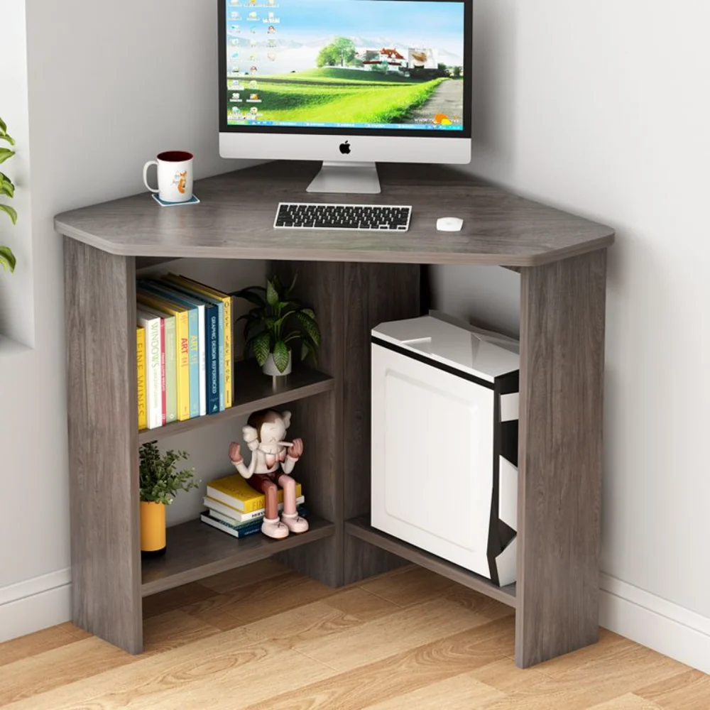 Solid Wood Corner Desk Furniture - Triangle Study Desk with Shelf Small Computer Desk for Home Office & Study