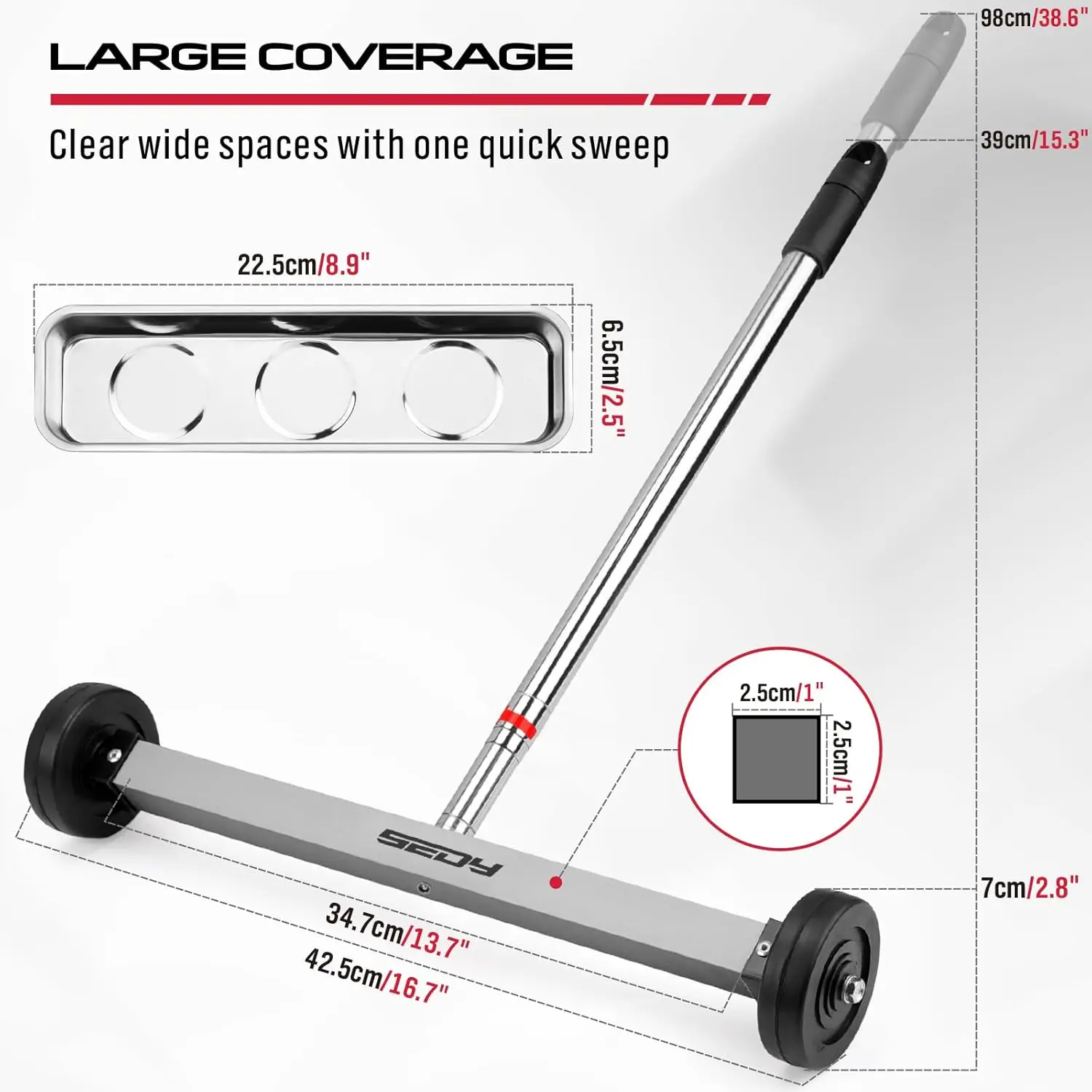 SEDY 17-Inch Magnet Sweeper Magnetic Nail Roller Heavy Duty Magnet Nail Pickup Rolling Tool with Telescoping Adjustable Handle