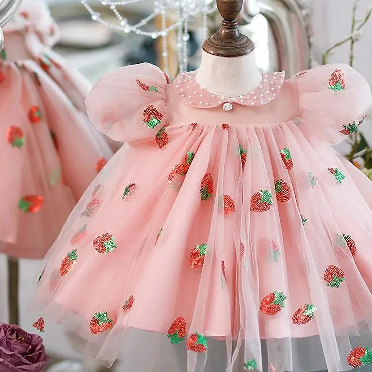 Baby Girls Cute Doll Collar Beading Strawberry Patterns Design Princess Ball Gown Children Birthday Party Fulffy Dress y1024