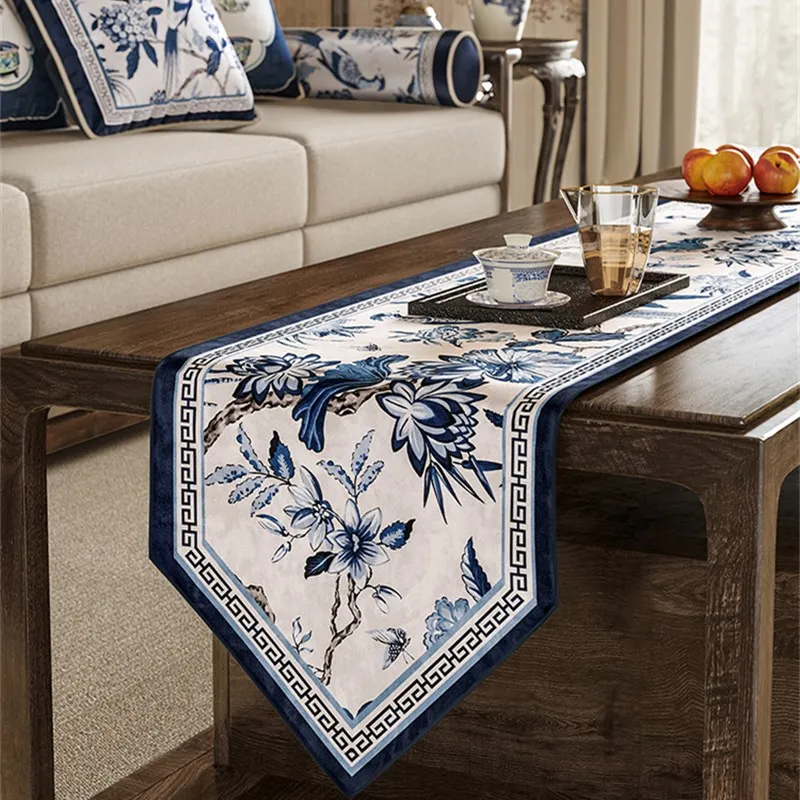 Chinese Style Floral Table Runners,Blue and White,Handcrafted,Long,Elegant,Bed Dress,Dining, Coffee,Luxury,New