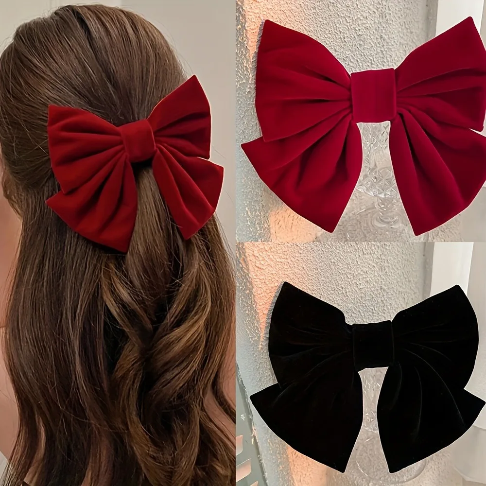 Rote Samt-Haarspange mit großer Schleife und Haarnadel, sanftes Mädchen, Prinzessin, Kopf, Hinterkopf, oberer Clip, Pony-Clip – Detail 1