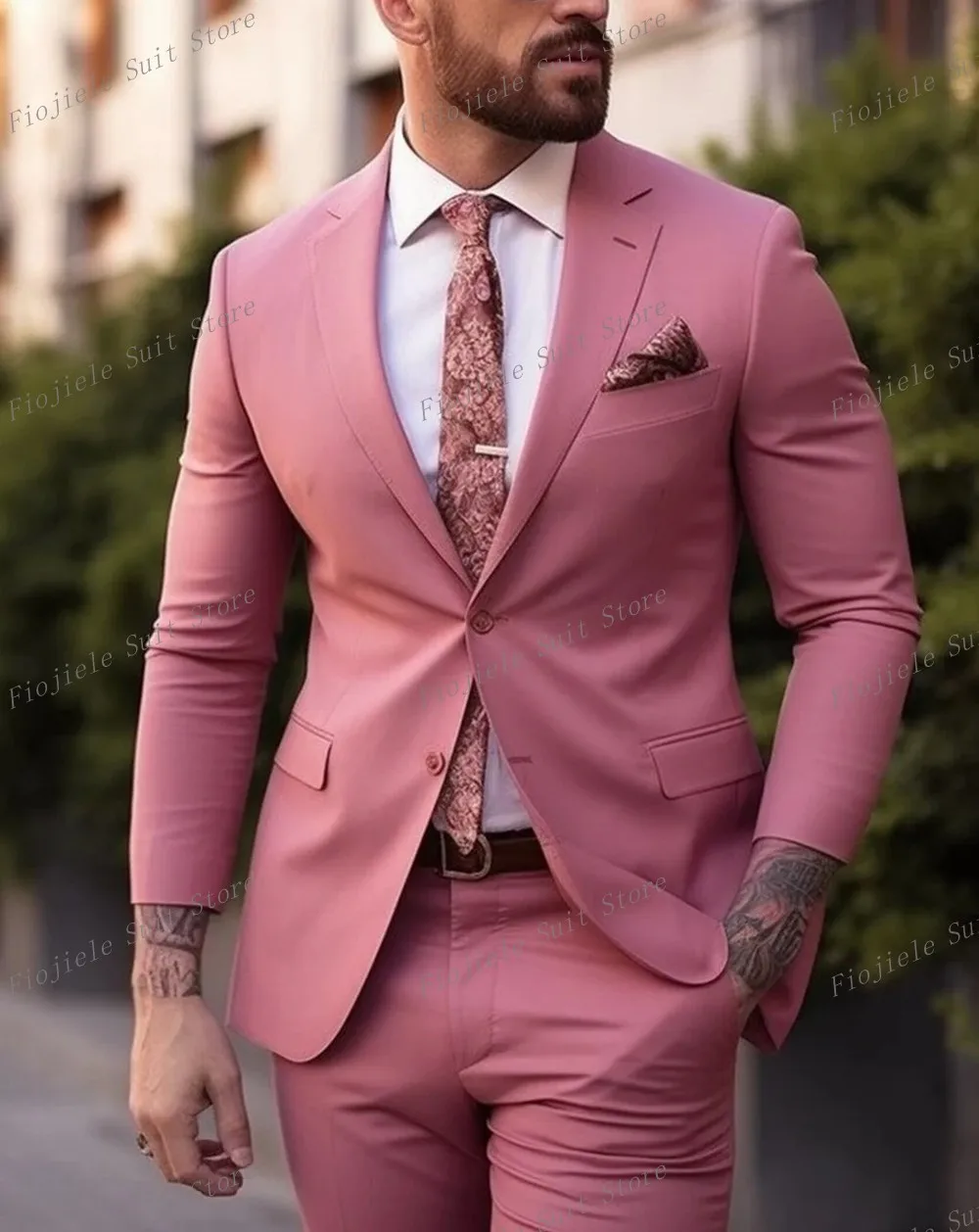 

New Men Pink Tuxedos Business Suit Groom Groomsman Prom Wedding Party Formal 2 Piece Set Jacket And Pants