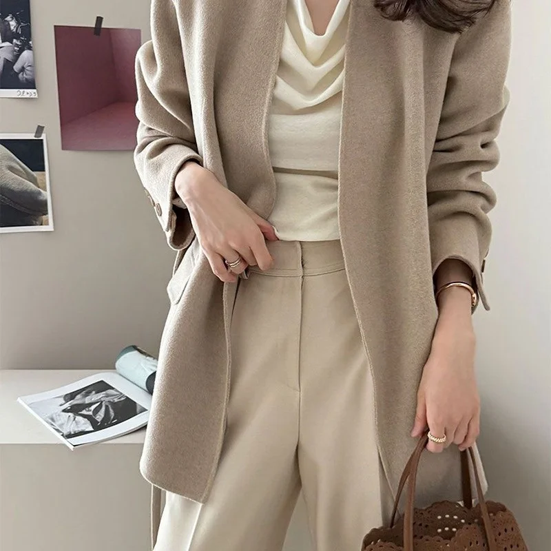 Korean Style V-Neck Belted Short Woolen Coat Simple Elegance Gentle Woolen Outerwear Polyester Fiber Long Sleeve Open Front
