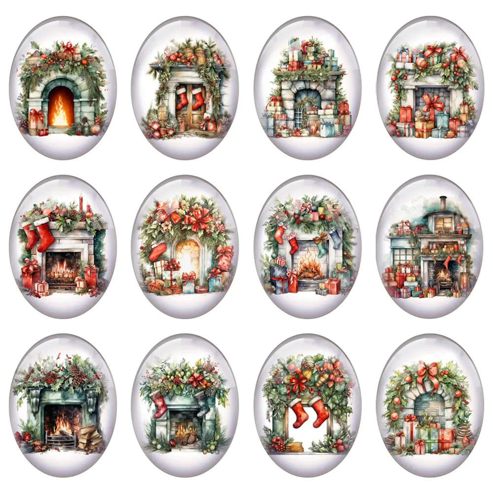 

10pcs/lot Christmas X-mas Winter Fireplace Stocks Oval Photo Glass Cabochon Flatback Demo Flat Back Cameo For Diy Jewelry Making