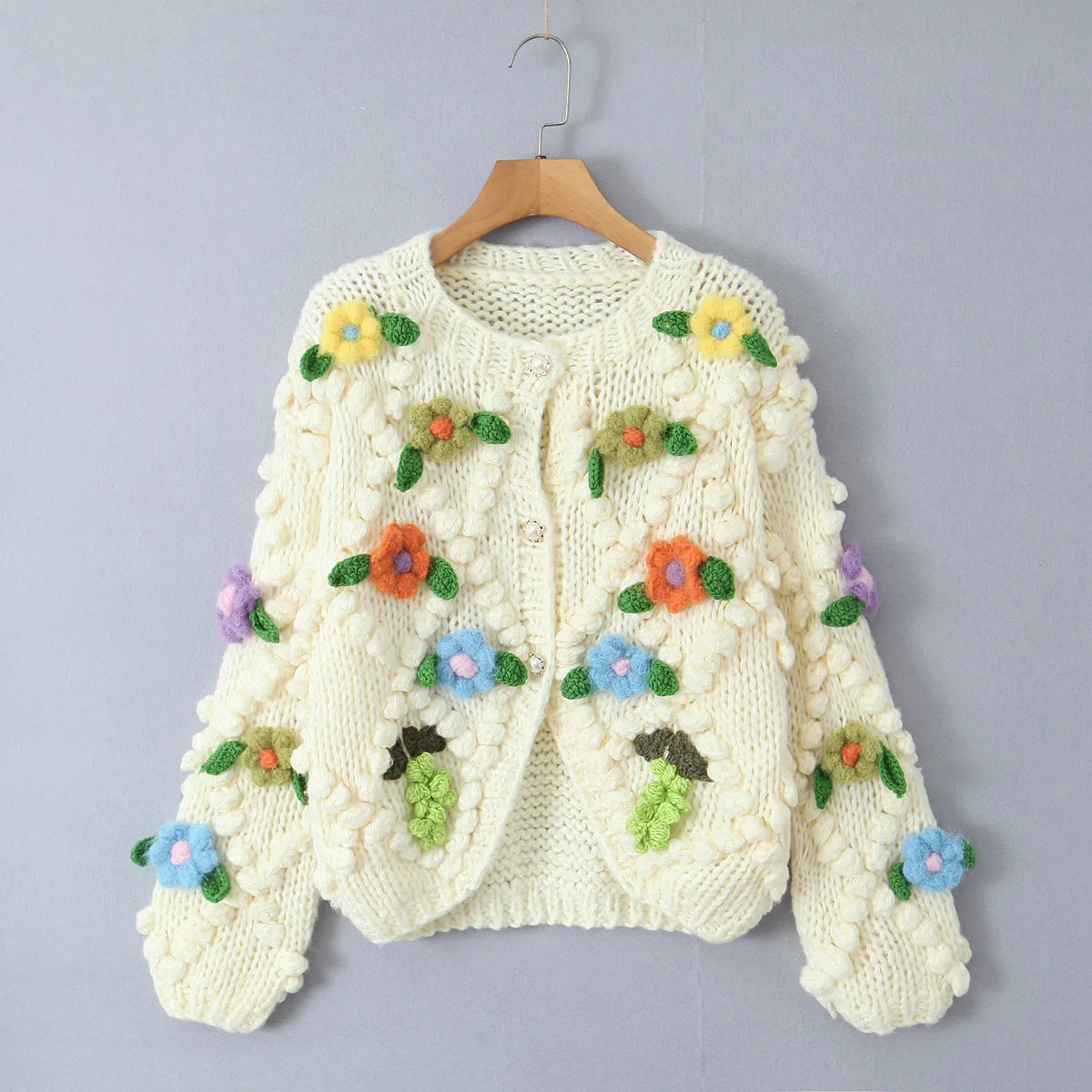 Winter 3D Flower Ball Hand Made Crochet White Cardigan Lazy CHIC Woman Full sleeve Knitted Sweater Loose Short Knitwear Jumper