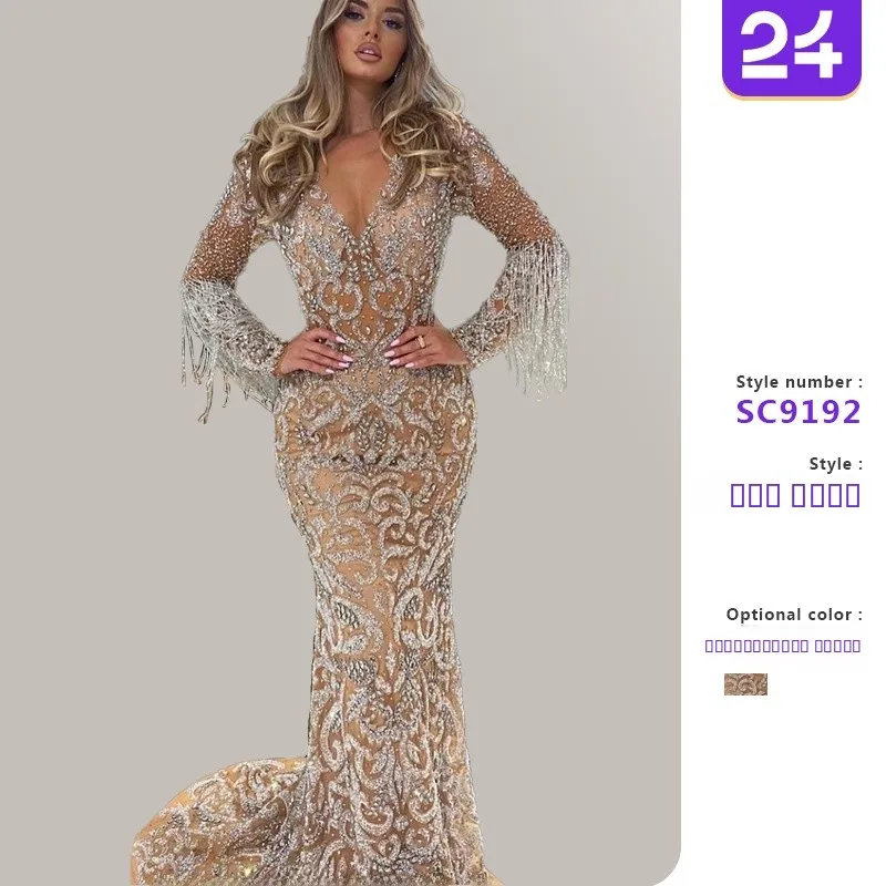 섹시한 롱 이브닝 드레스 여성용 긴 꼬리 드레스 금색 스팽글 크로스보더 봄 신상 슬림 미드 웨이스트 홀로우 아웃