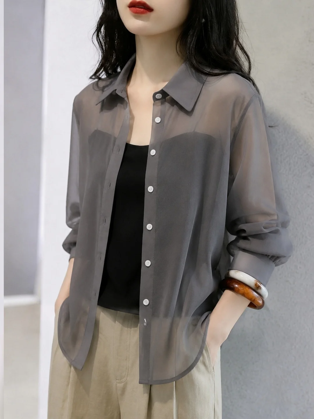 Elegant Korean Style Long Sleeve  Neck Shirt Single Button Casual Sun Protection Top for Women Straight Cut Commute Wear